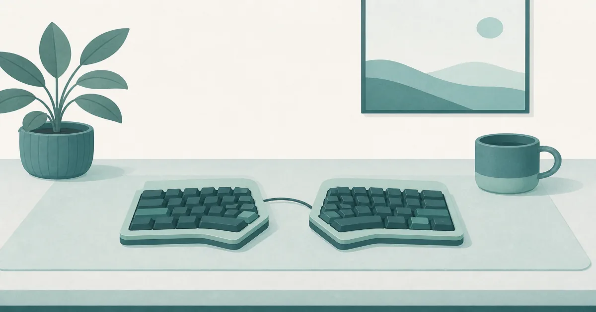 Split keyboard with separated halves on a home office desk