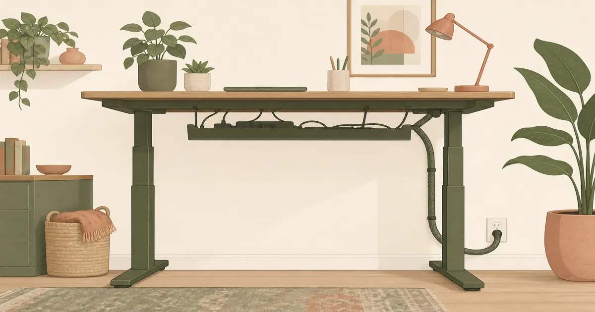 Practical home office illustration for a standing desk cable management guide