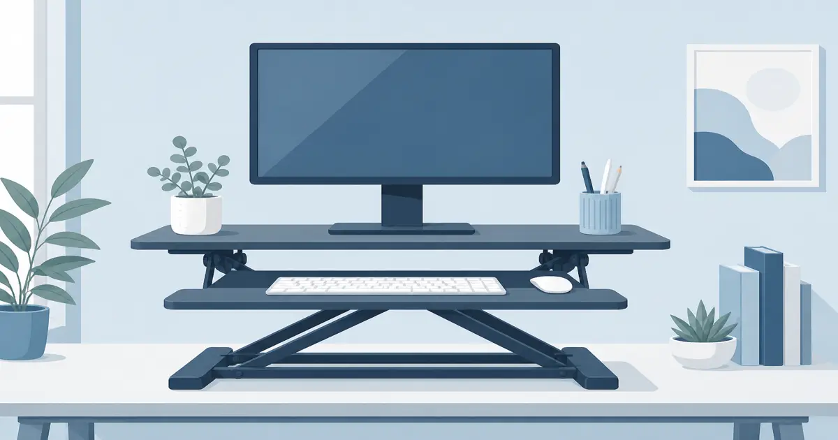 Flat illustration of a standing desk converter on a fixed home desk