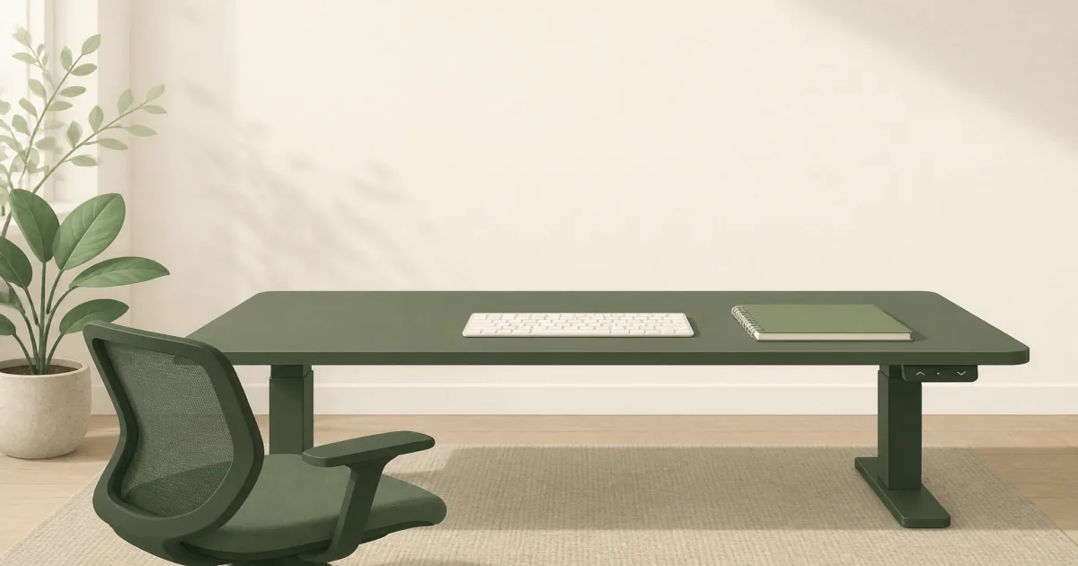 Short home worker at a low sit-stand desk with keyboard near relaxed elbows