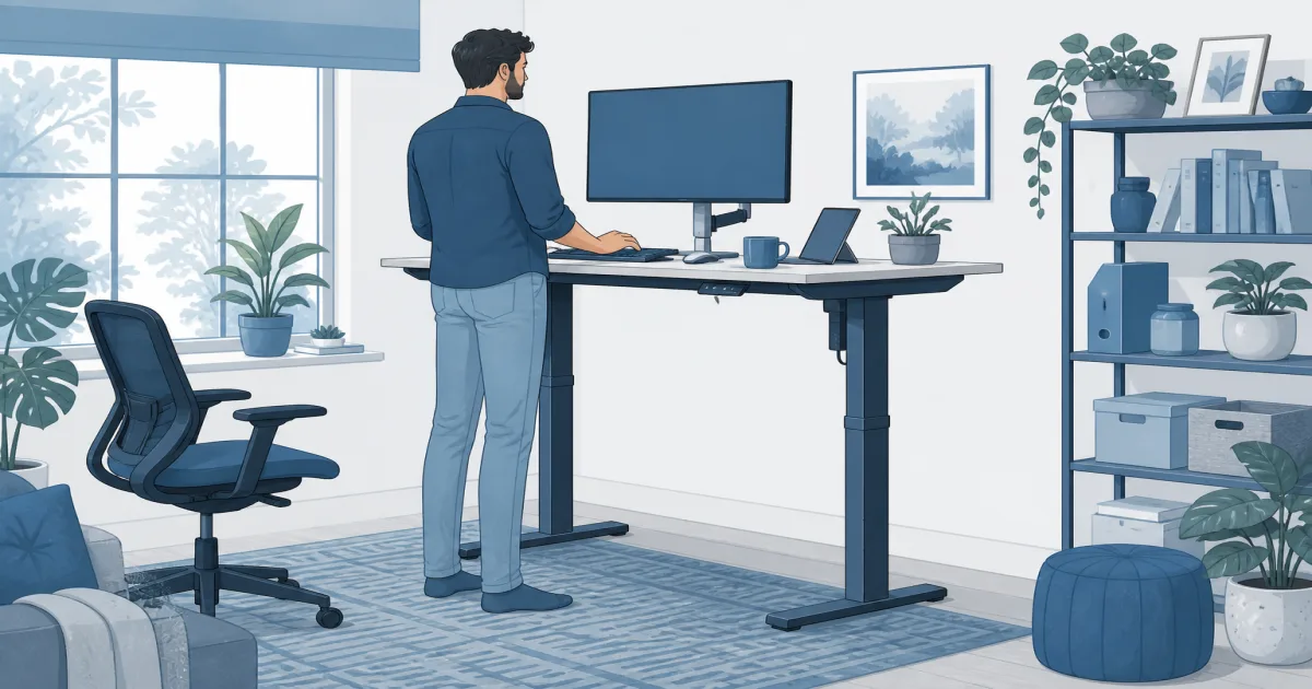 Tall home worker using an adjustable standing desk with a large monitor