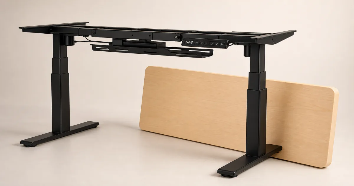 Flat illustration of an adjustable standing desk frame with a separate desktop panel
