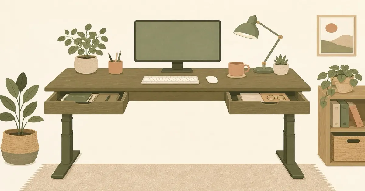 Flat illustration of a sit-stand desk with drawers in a warm home office