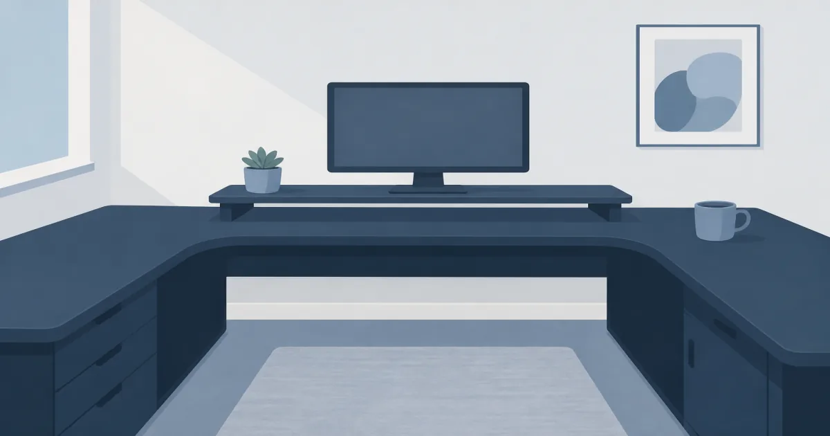 U shaped desk wraparound workstation with monitor shelf in a home office