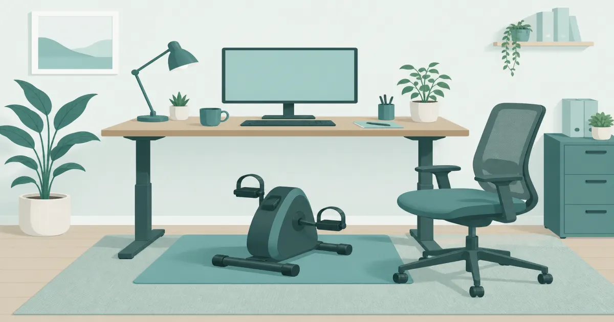 Flat illustration of an under desk bike pedal exerciser beneath a home office desk