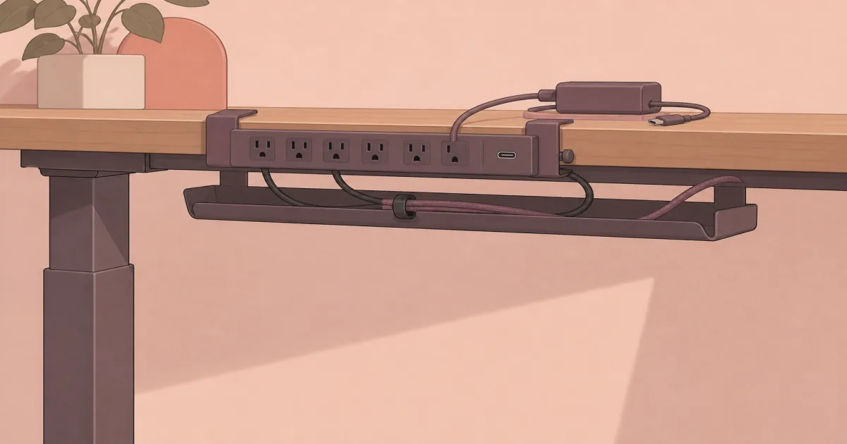 Clamp-on under desk power strip on a standing desk edge with tidy cables