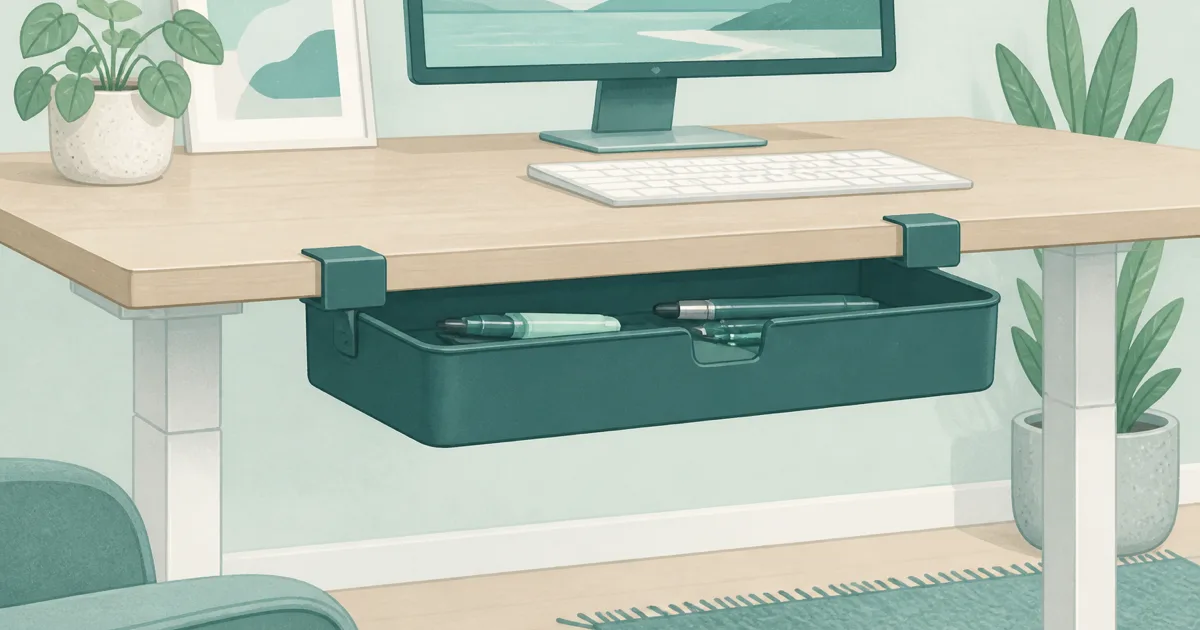 Flat illustration of a clamp-on hanging drawer under a home office standing desk