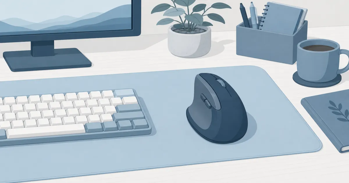Flat illustration of a vertical ergonomic mouse on a home office desk