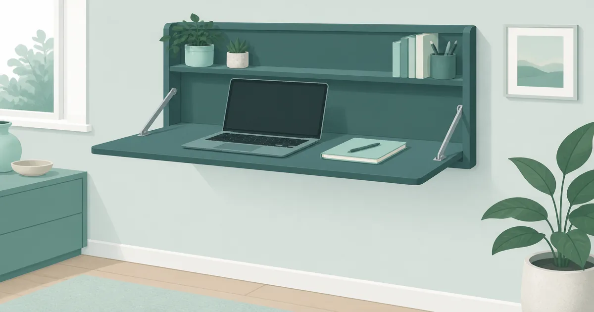 Fold-down wall mounted desk with a laptop open against a calm seafoam wall