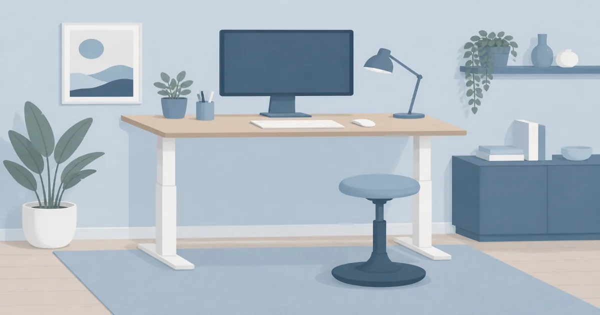 Flat illustration of an adult wobble stool with rounded base beside a standing desk
