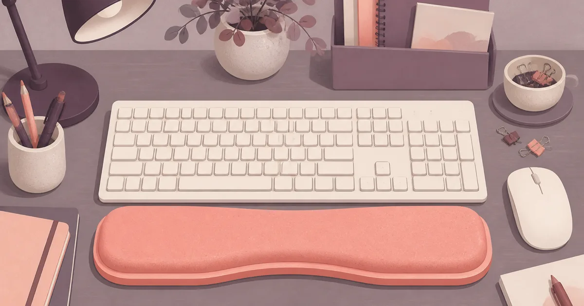 Flat illustration of a gel keyboard wrist rest in front of a home office keyboard