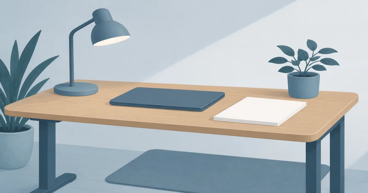 Compact wooden writing desk with a lamp notebook and laptop in a calm home office corner